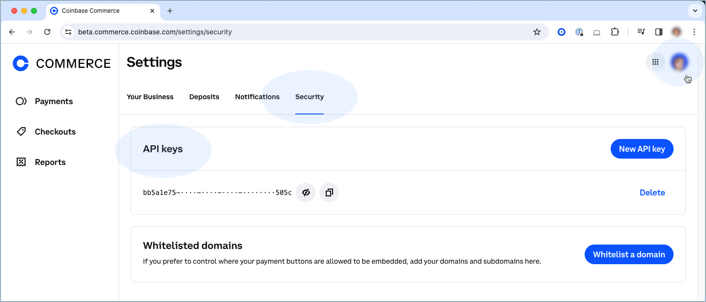 Create a Coinbase Commerce API key so that you can authenticate your account, for example, when integrating into a 3rd party app.