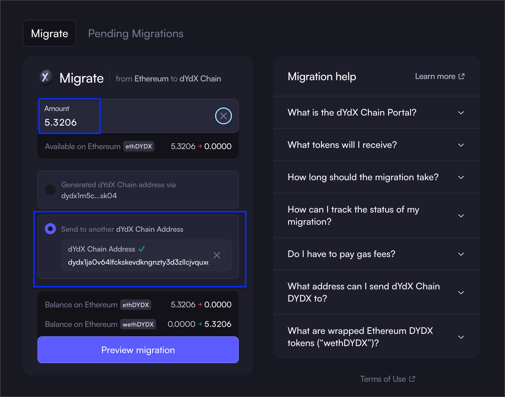 Enter the amount of ethDYDX to migrate.